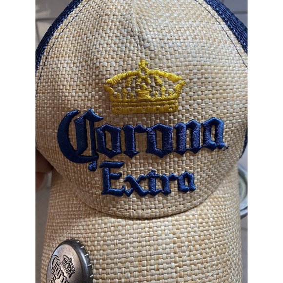 Corona Extra Straw Wicker Cap Hat w/Blue Mesh Snapback w/Bottle Opener (NEW) - Picture 2 of 8